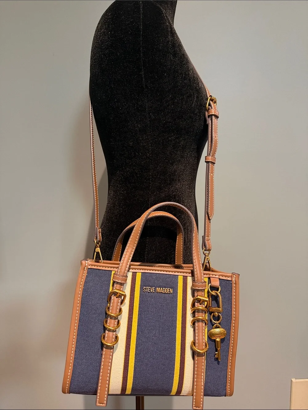 Steve Madden Navy, Brown & Yellow Striped Satchel